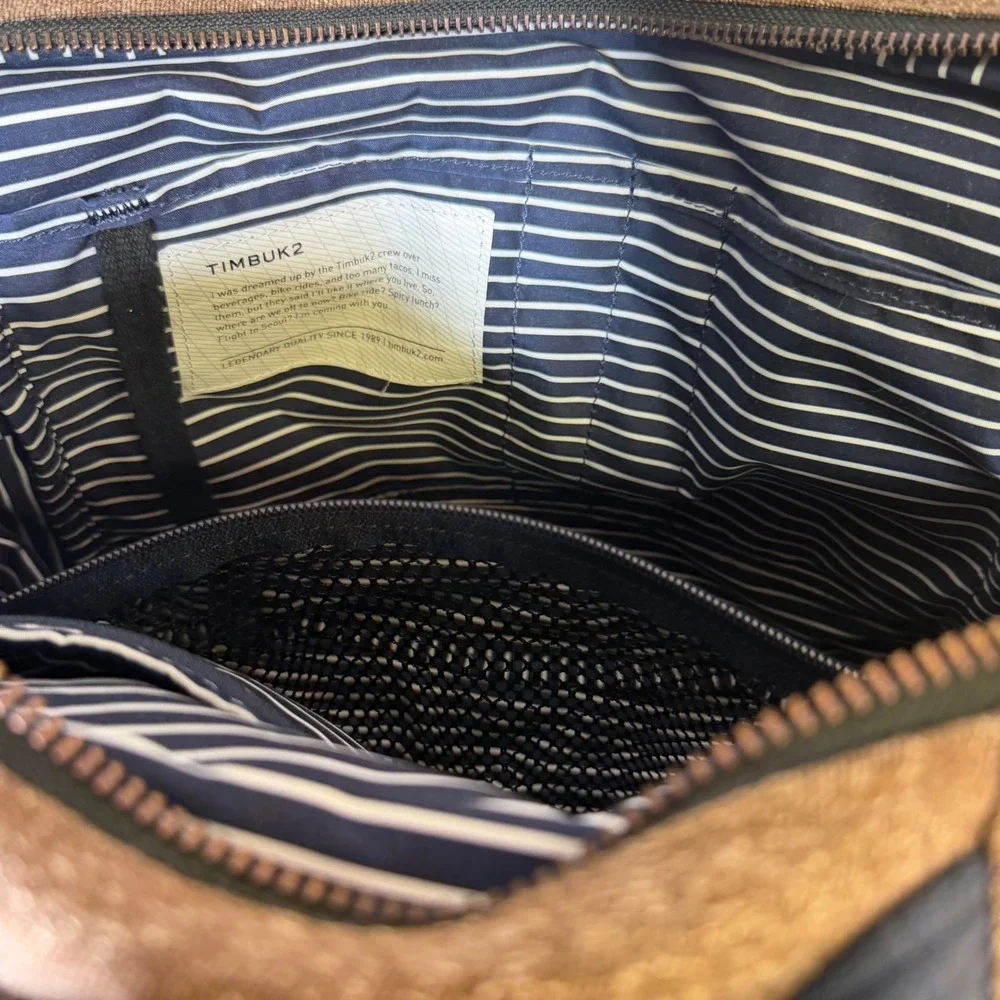Timbuk2 Messenger Bag Brown Tweed Navy Blue Leather Trim Crossbody Laptop Bag